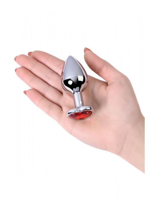 Серебристая коническая анальная пробка с красным кристаллом-сердечком - 7 см. - ToyFa - купить с доставкой в Южно-Сахалинске
