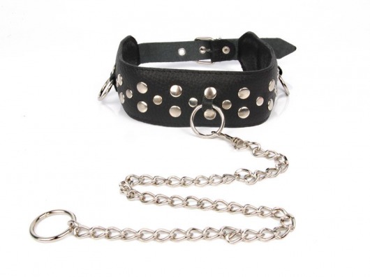 Черный ошейник с заклепками с металлическим поводком-цепочкой - Notabu - купить с доставкой в Южно-Сахалинске