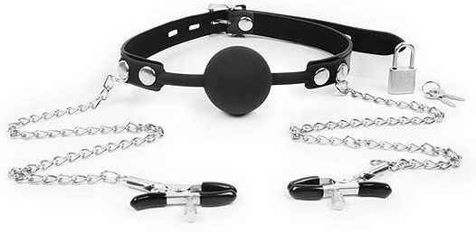 Черный кляп-шарик с зажимами на соски на металлической цепочке - Notabu - купить с доставкой в Южно-Сахалинске