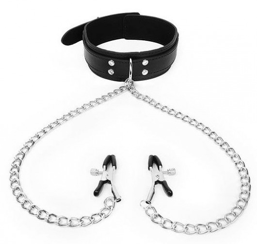 Черный ошейник с зажимами на соски на цепочке - Notabu - купить с доставкой в Южно-Сахалинске