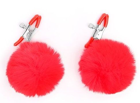 Зажимы для сосков с красным пушком - Notabu - купить с доставкой в Южно-Сахалинске