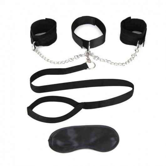Чёрный ошейник с наручниками и поводком Collar Cuffs   Leash Set - Lux Fetish - купить с доставкой в Южно-Сахалинске