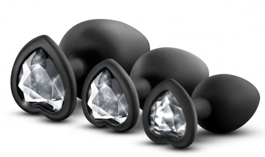 Набор из 3 черных пробок с прозрачным кристаллом-сердечком Bling Plugs Training Kit - Blush Novelties - купить с доставкой в Южно-Сахалинске