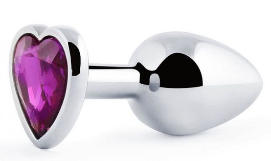 Серебристая анальная пробка с фиолетовым кристаллом-сердечком - 8 см. - Anal Jewelry Plug - купить с доставкой в Южно-Сахалинске