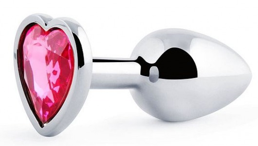 Серебристая анальная пробка с розовым кристаллом-сердечком - 7 см. - Anal Jewelry Plug - купить с доставкой в Южно-Сахалинске