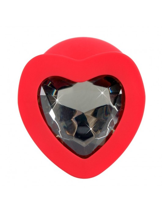 Красная силиконовая анальная пробка с черным стразом-сердечком - 9,3 см. - Orion - купить с доставкой в Южно-Сахалинске
