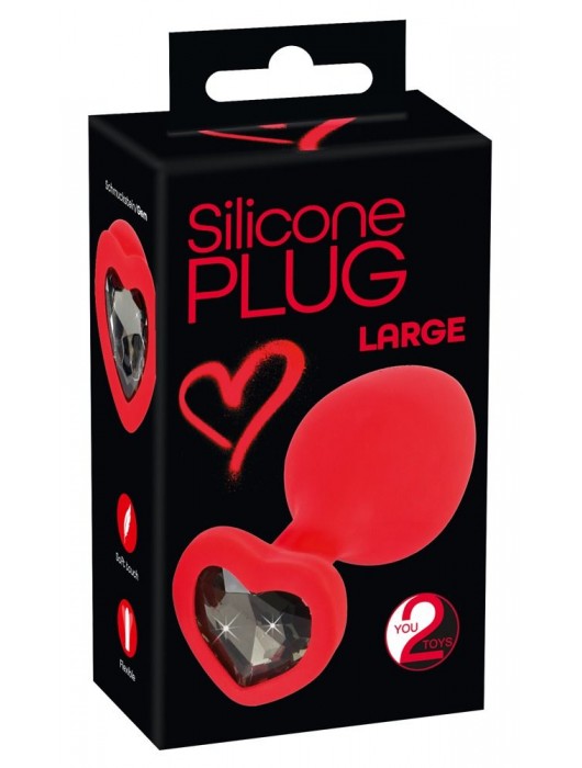 Красная силиконовая анальная пробка с черным стразом-сердечком - 9,3 см. - Orion - купить с доставкой в Южно-Сахалинске