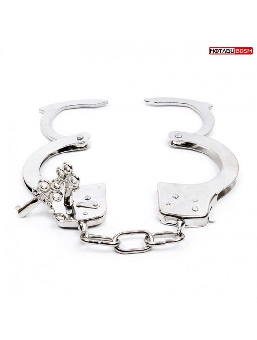 Серебристые металлические наручники на сцепке с ключиками - Notabu - купить с доставкой в Южно-Сахалинске