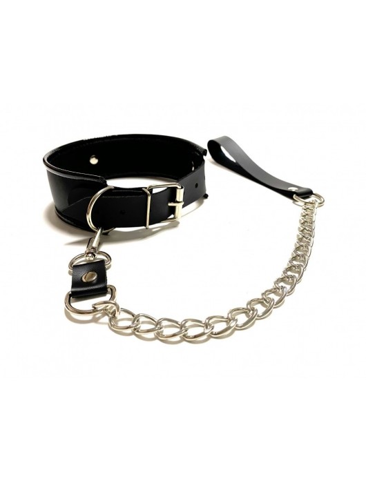 Черный ошейник с поводком из эко-кожи - БДСМ Арсенал - купить с доставкой в Южно-Сахалинске
