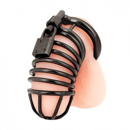 Черная металлическая клетка с замком Deluxe Chastity Cage - BlueLine - купить с доставкой в Южно-Сахалинске