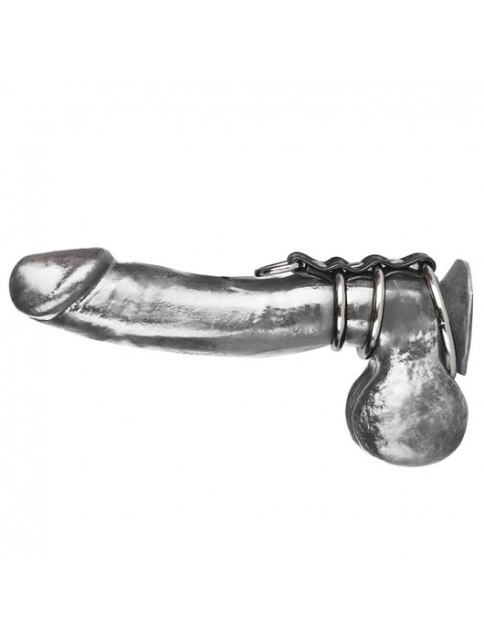 Хомут на пенис из трех металлических колец и кольца для привязи 3 RING GATES OF HELL - BlueLine - купить с доставкой в Южно-Сахалинске