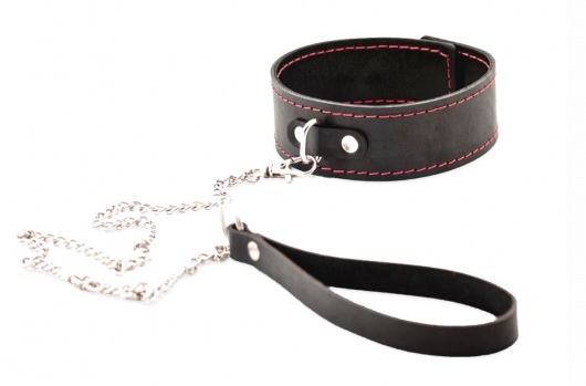 Черный широкий ошейник с красной строчкой и поводком - Crazy Handmade - купить с доставкой в Южно-Сахалинске