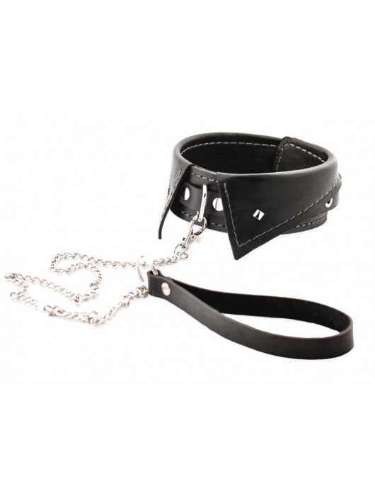 Черный ошейник-воротничок с металлическим поводком - Crazy Handmade - купить с доставкой в Южно-Сахалинске