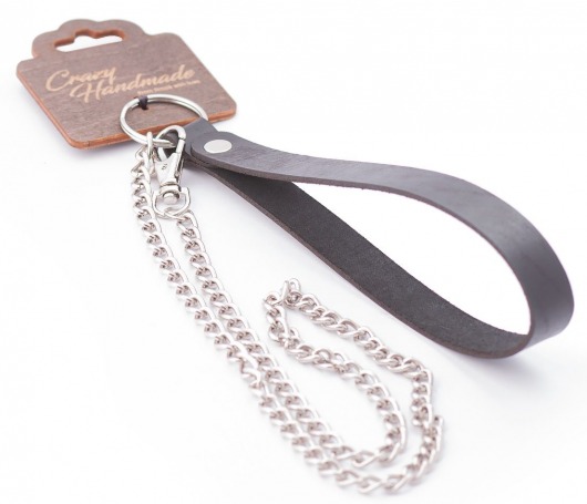 Серебристый металлический поводок с кожаной черной ручкой - 80 см. - Crazy Handmade - купить с доставкой в Южно-Сахалинске