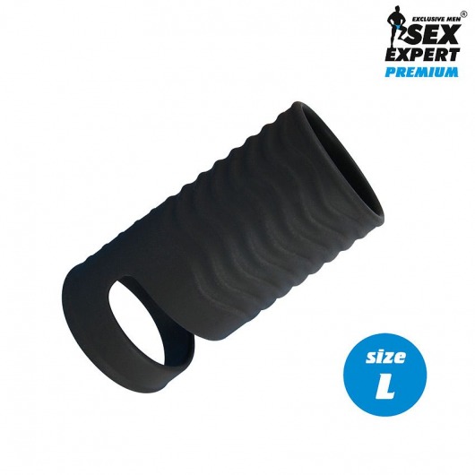 Черная открытая насадка на пенис с кольцом для мошонки L-size - 8,5 см. - Sex Expert - в Южно-Сахалинске купить с доставкой