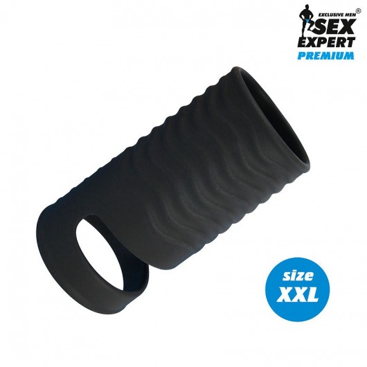 Черная открытая насадка на пенис с кольцом для мошонки XXL-size - 9,4 см. - Sex Expert - в Южно-Сахалинске купить с доставкой
