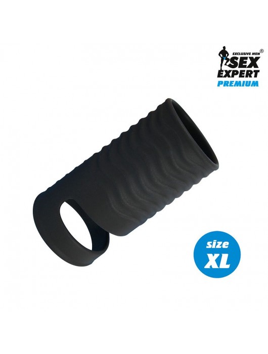 Черная открытая насадка на пенис с кольцом для мошонки XL-size - 8,9 см. - Sex Expert - в Южно-Сахалинске купить с доставкой