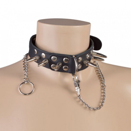 Чёрный кожаный ошейник с шипами и велюровой подкладкой - Sitabella - купить с доставкой в Южно-Сахалинске