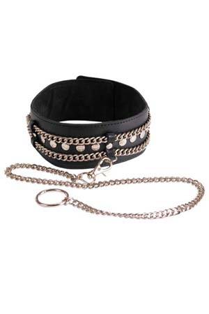 Чёрный ошейник с цепочками и поводком - Sitabella - купить с доставкой в Южно-Сахалинске