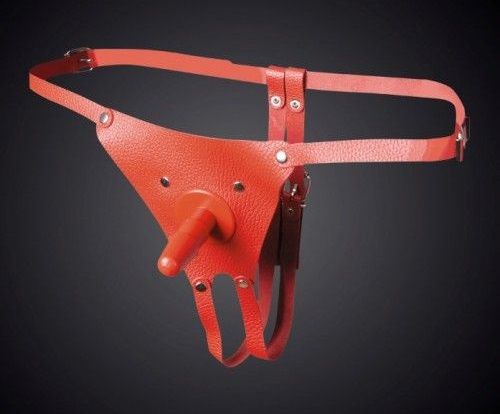 Красные кожаные универсальные трусики со штырьком для насадок - Sitabella - купить с доставкой в Южно-Сахалинске