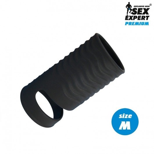 Черная открытая насадка на пенис с кольцом для мошонки size M - 7,9 см. - Sex Expert - в Южно-Сахалинске купить с доставкой