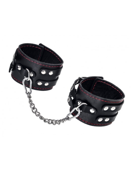 Черные кожаные оковы с двумя ремнями и контрастной строчкой - Pecado - купить с доставкой в Южно-Сахалинске