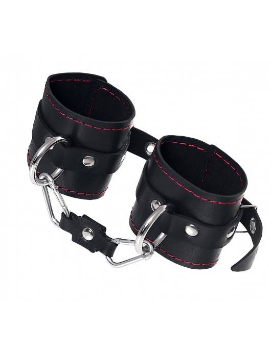 Черные кожаные однослойные наручники с контрастной строчкой - Pecado - купить с доставкой в Южно-Сахалинске