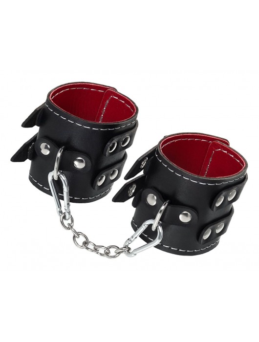 Черные кожаные наручники с двумя ремнями и красной подкладкой - Pecado - купить с доставкой в Южно-Сахалинске