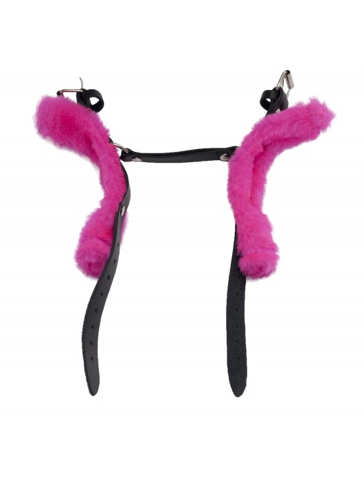 Черные базовые наручники из кожи с розовой опушкой - Лунный свет - купить с доставкой в Южно-Сахалинске