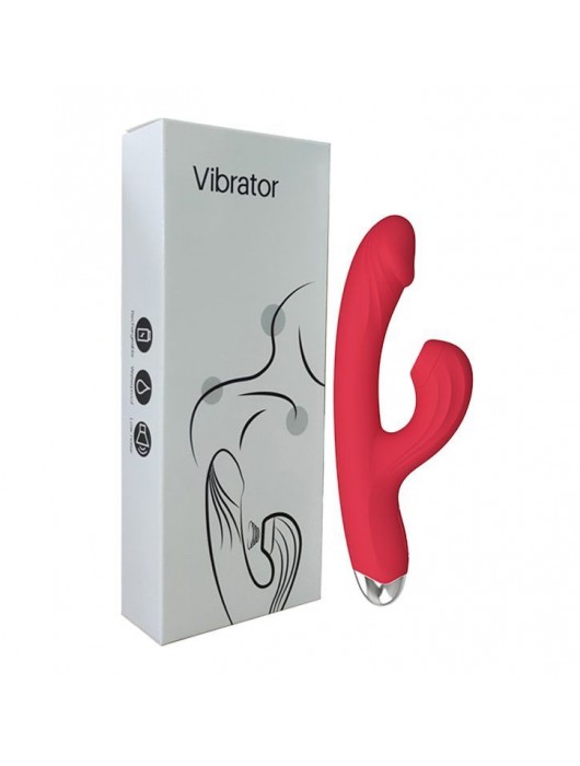 Красный силиконовый вибратор-кролик с вакуумным клиторальным отростком - 20,5 см. - Secwell