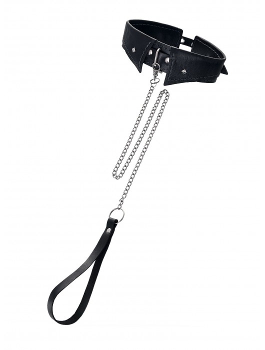 Черный кожаный ошейник-воротник с поводком - Pecado - купить с доставкой в Южно-Сахалинске