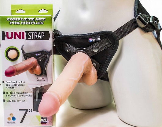 Страпон-унисекс с двумя насадками UNI strap 7  Harness - 19 и 16 см. - LOVETOY (А-Полимер) - купить с доставкой в Южно-Сахалинске