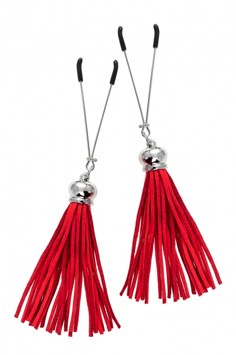 Зажимы на соски «Вилки» с красными кисточками из замши - Pecado - купить с доставкой в Южно-Сахалинске