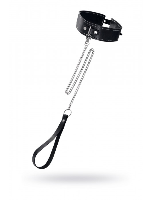 Кожаный двухслойный ошейник с белой строчкой и поводком - Pecado - купить с доставкой в Южно-Сахалинске