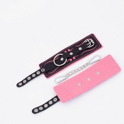Черно-розовые кожаные наручники с розовой строчкой - Crazy Handmade - купить с доставкой в Южно-Сахалинске