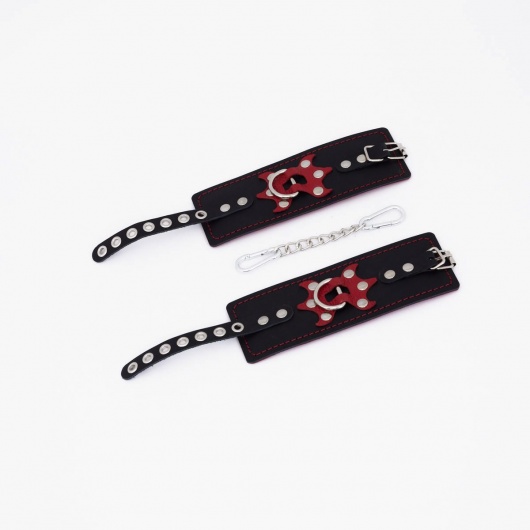 Черные кожаные наручники с красным декором и строчкой - Crazy Handmade - купить с доставкой в Южно-Сахалинске