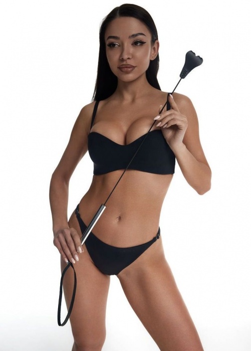 Стек с черным кожаным наконечником в виде сердца и металлической ручкой - 67 см. - Crazy Handmade - купить с доставкой в Южно-Сахалинске