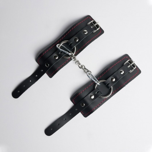 Черные кожаные наручники с красной строчкой - Crazy Handmade - купить с доставкой в Южно-Сахалинске