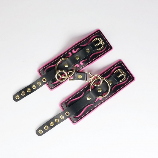 Черные кожаные наручники с розовой строчкой - Crazy Handmade - купить с доставкой в Южно-Сахалинске