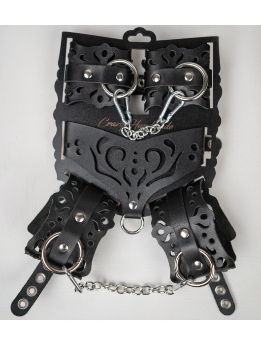 Черный ажурный кожаный набор фиксаций - Crazy Handmade - купить с доставкой в Южно-Сахалинске