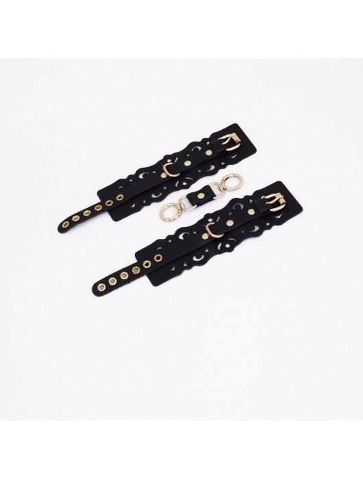 Черные кожаные наручники с узорами и золотистой фурнитурой - Crazy Handmade - купить с доставкой в Южно-Сахалинске