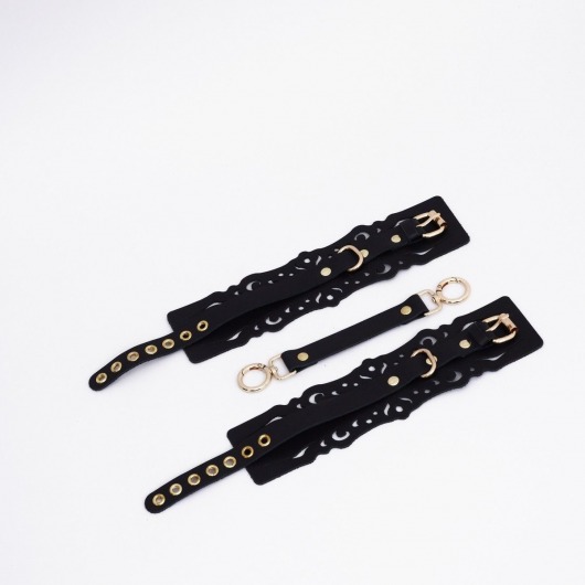 Черный кожаные оковы с узорами и золотистой фурнитурой - Crazy Handmade - купить с доставкой в Южно-Сахалинске