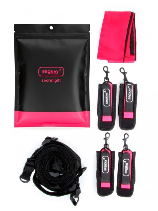 Черно-розовый эротический набор: фиксатор, оковы, наручники, повязка - Erokay - купить с доставкой в Южно-Сахалинске