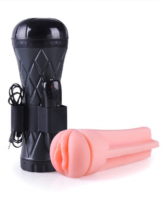 Телесный мастурбатор-вагина в черной колбе с вибрацией - Boys of Toys - в Южно-Сахалинске купить с доставкой
