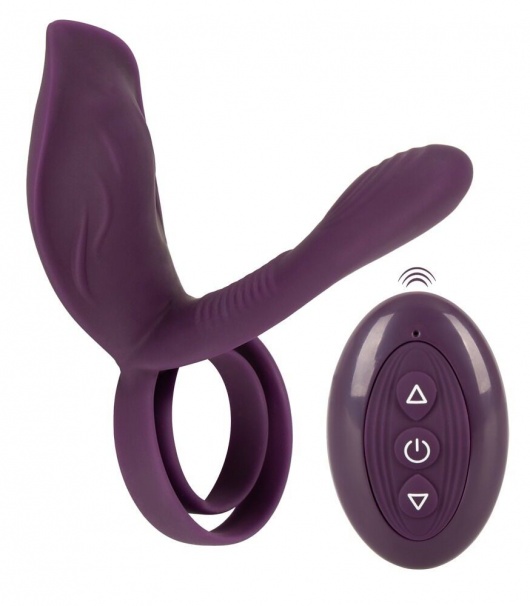 Фиолетовая насадка на член с клиторальным отростком и пультом ДУ RC Couple’s Vibrator 2 - Orion - в Южно-Сахалинске купить с доставкой
