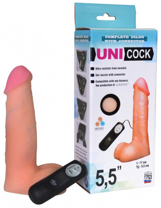 Фаллическая насадка Харнесс UNICOCK 5,5  с вибрацией - 17 см. - LOVETOY (А-Полимер) - купить с доставкой в Южно-Сахалинске