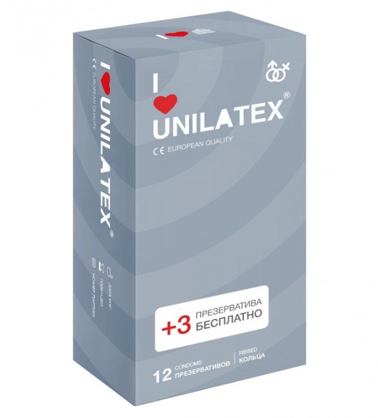 Презервативы с рёбрами Unilatex Ribbed - 12 шт. + 3 шт. в подарок - Unilatex - купить с доставкой в Южно-Сахалинске