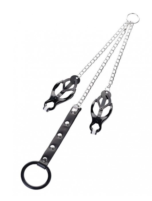 Черно-серебристые зажимы для сосков с кольцом для пениса TOYFA Metal - ToyFa - купить с доставкой в Южно-Сахалинске