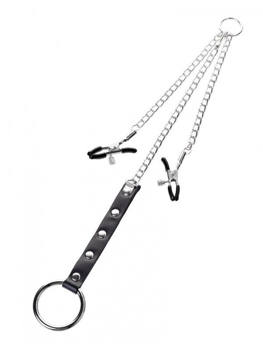 Серебристо-чёрные зажимы для сосков с кольцом для пениса TOYFA Metal - ToyFa - купить с доставкой в Южно-Сахалинске